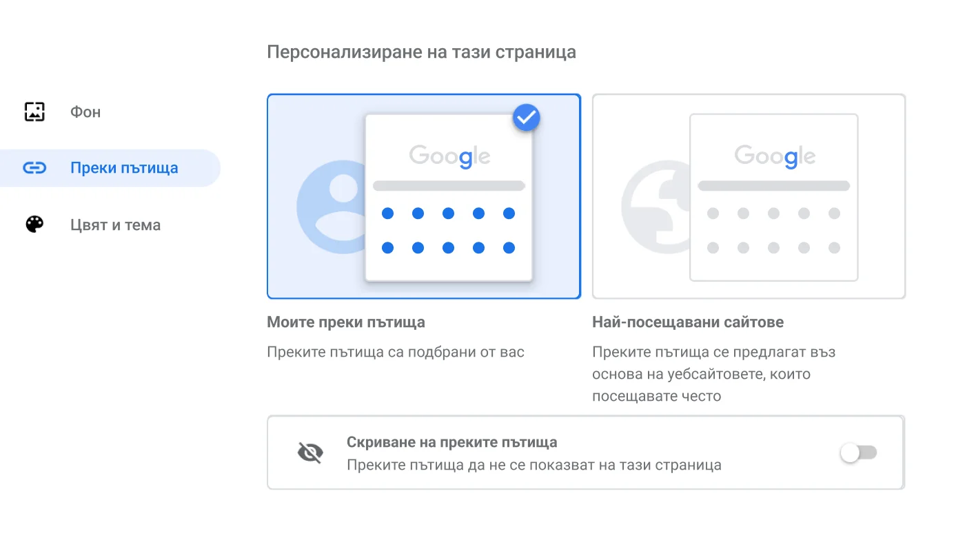 Прозорец с настройки на браузъра Chrome, в който е показан диалоговият прозорец „Преки пътища“.