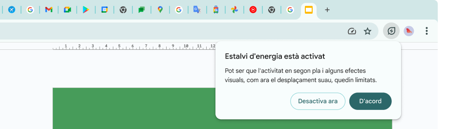 A cursor has clicked on the Energy Saver icon, which explains background activity and some visual effects have been limited to save memory.