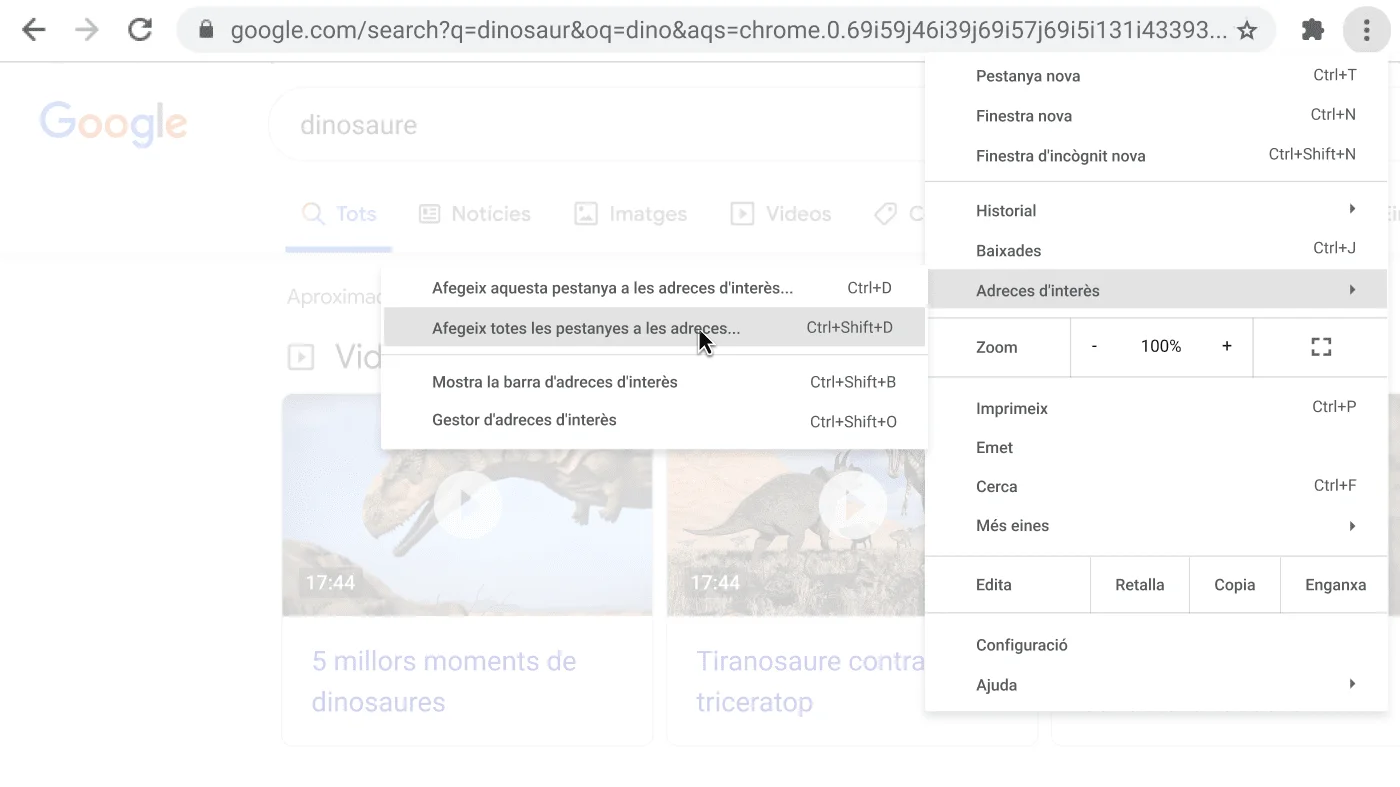 Finestra del navegador Chrome amb un quadre de diàleg que mostra l'opció Afegeix totes les pestanyes a les adreces d'interès.