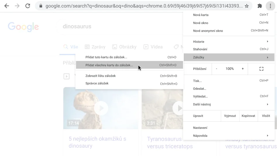 Okno prohlížeče Chrome s dialogovým oknem Přidat do záložek všechny karty.