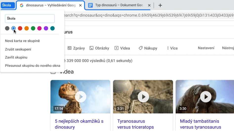 Okno prohlížeče Chrome s dialogovým oknem pojmenování skupiny karet