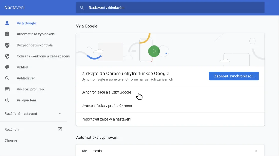 Okno nastavení prohlížeče Chrome s nabídkou možností Vy a Google.