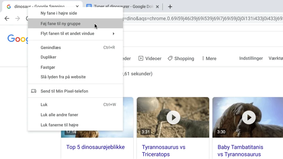 Chrome-browservindue med en dialogboks, der viser oprettelsen af en ny fanegruppe.