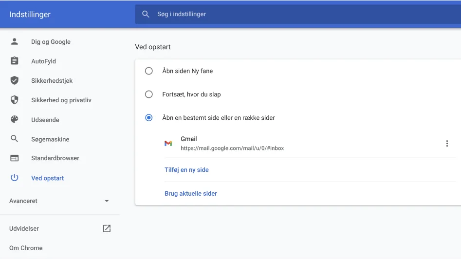 Vindue med Chrome-browserindstillinger, der viser indstillingsmenuen for Ved opstart.