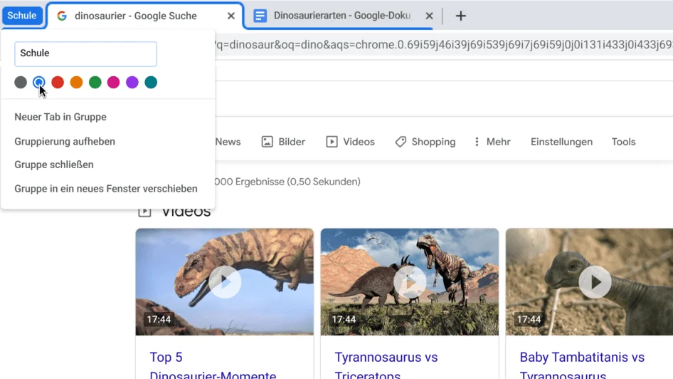 Chrome-Browserfenster mit einem kleinen Fenster, das das Menü zum Benennen einer Tabgruppe zeigt.