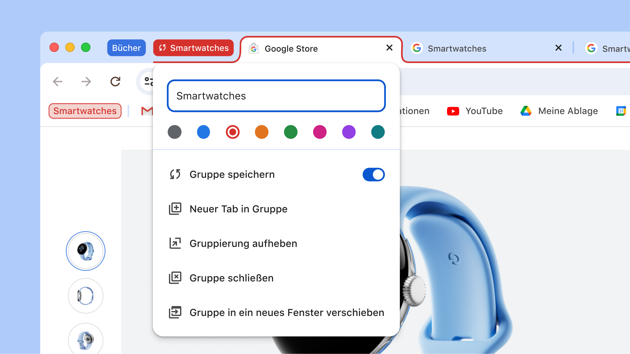 Geöffnetes Menü für Tabgruppen, bei dem die neuen Optionen „Gruppe speichern“ und „Gruppe ausblenden“ angezeigt werden.