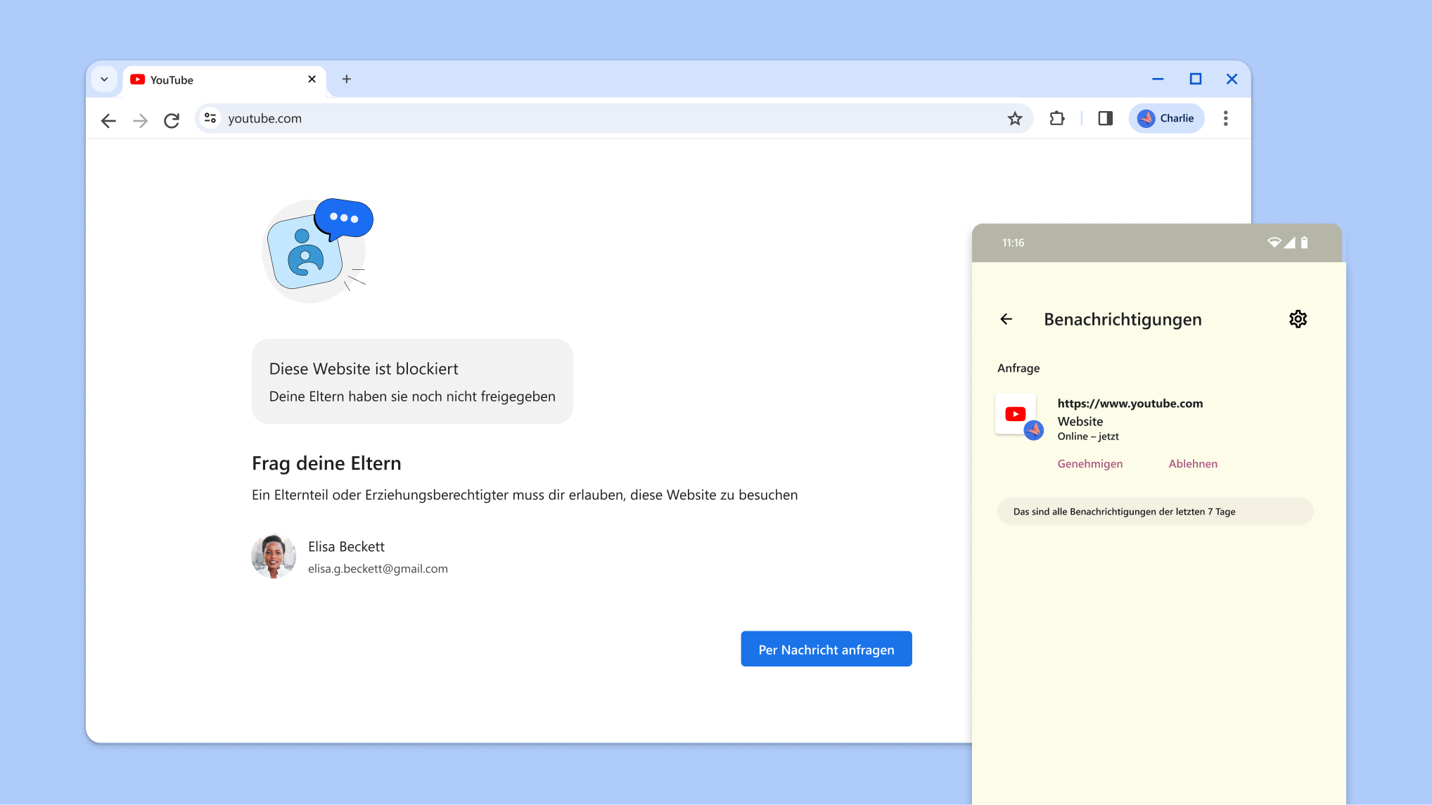 Aufgrund von Jugendschutzeinstellungen blockierte Website und eine Benachrichtigung von Family Link zur Genehmigung des Zugriffs