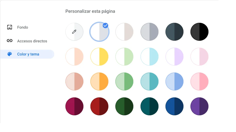 Ventana de configuración del navegador Chrome que muestra el cuadro de diálogo Color y tema.