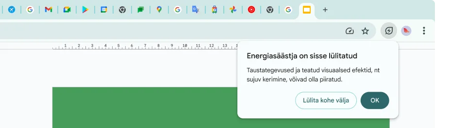 Kursoriga on klõpsatud Energiasäästja ikoonil, mis selgitab, et mälumahu säästmiseks on taustategevust ja teatud visuaalefekte piiratud.