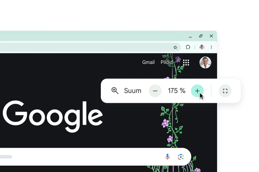 Google'i avaleht suurendatud elementidega ja hüpik 175% suumiga