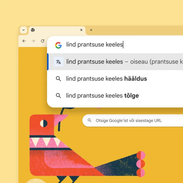 Google'i otsinguleht linnupildiga ja otsinguga „lind prantsuse keeles“ tulemusega „oiseau“