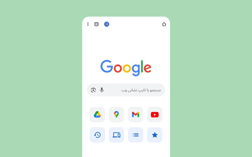 نماگرفتی از صفحه «جستجوی Google»، شامل نمادهای YouTube، Gmail، Google Maps، و دیگر محصولات Google.