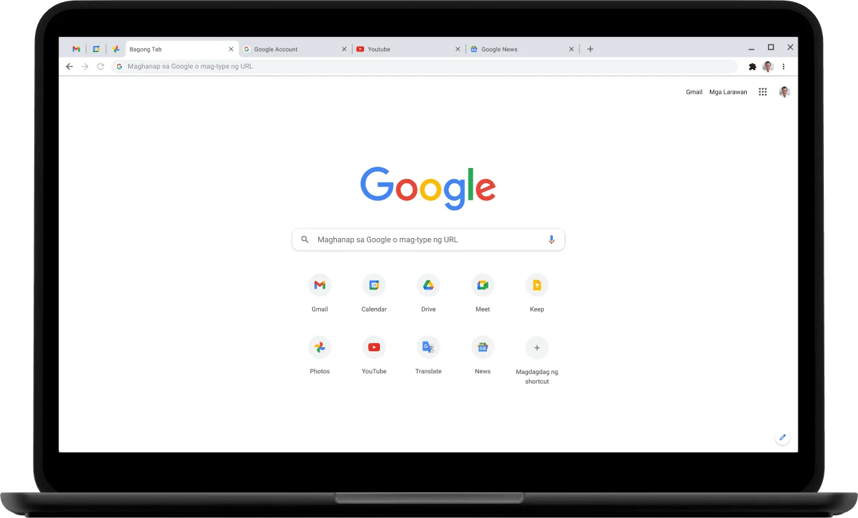 Kaliwang sulok sa itaas ng Pixelbook laptop na may screen na ipinapakita ang Google.com.