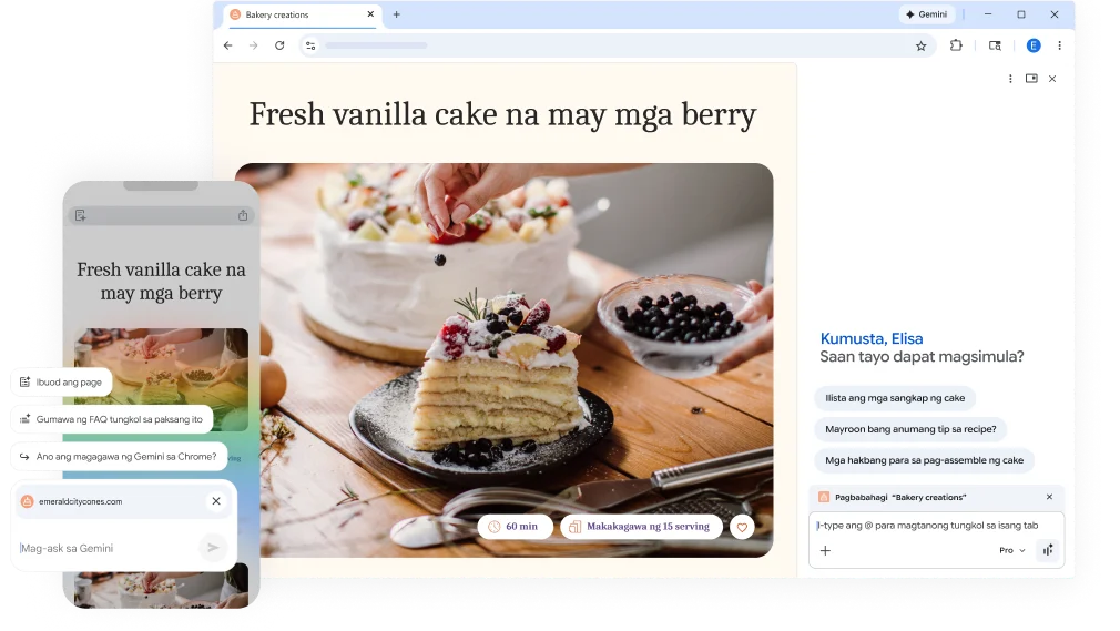 May pop-up sa ibabaw ng webpage ng recipe ng cake na nagtatanong kung paano makakatulong ang Gemini sa Chrome. Nasa desktop at mobile ang feature.