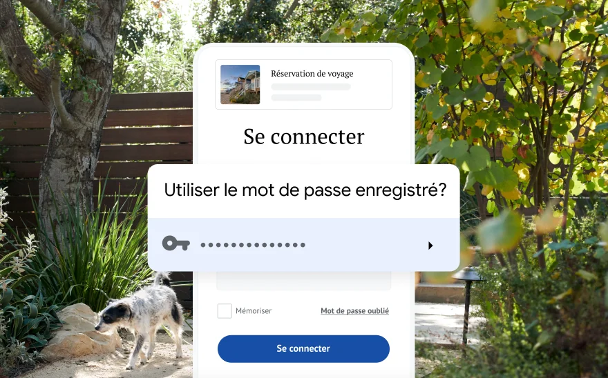 Une page de connexion pour la réservation d'un voyage demande l'utilisation d'un mot de passe enregistré. En arrière-plan, un paysage de nature.