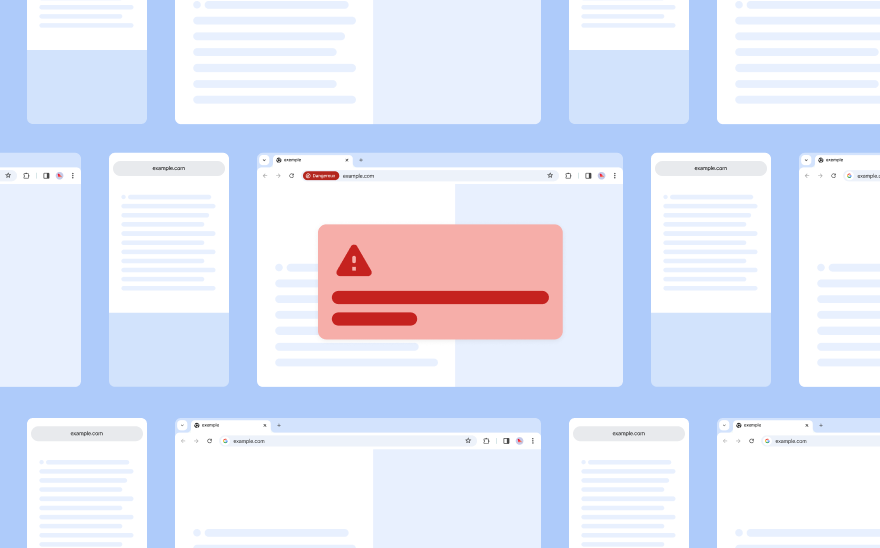 Des pages Web génériques flottent sur un fond bleu clair. Une fenêtre contextuelle rouge avec une icône d'alerte importante s'affiche en premier plan.