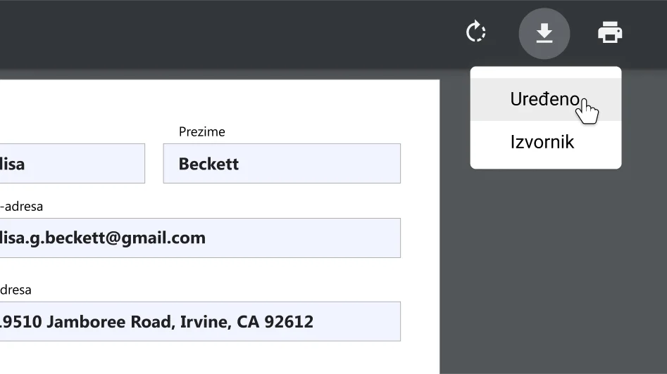 Prozor preglednika Chrome s otvorenim PDF dokumentom dok je zumiran izbornik preuzimanja i ispisa.