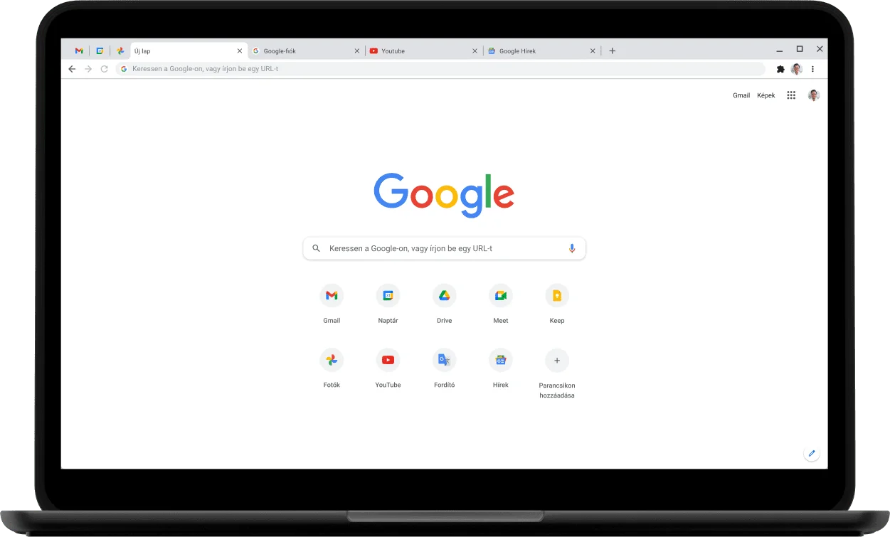 Pixelbook Go laptop bal felső sarka, a képernyőn a google.com látható.