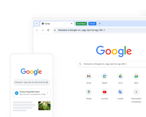 Egy mobileszközön és egy asztali számítógépen is a Google kezdőlapja látható a Chrome-ban.