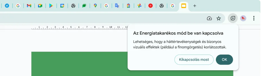 A kurzor az Energiatakarékos mód ikonjára kattintott, és az üzenet elmagyarázza, hogy a rendszer korlátozza a háttértevékenységeket és bizonyos vizuális effekteket memória felszabadítása érdekében.