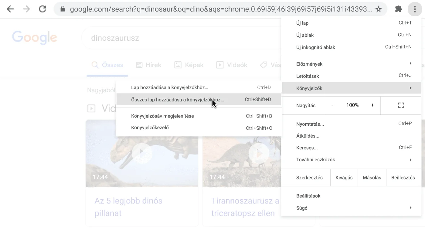 A Chrome-ablakban egy megnyitott párbeszédpanel látható az Összes lap hozzáadása a könyvjelzőkhöz lehetőséggel.