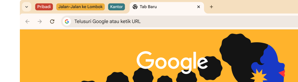 UI browser menampilkan tiga kelompok tab: Pribadi, Jalan-Jalan ke Arches, dan Kerja.