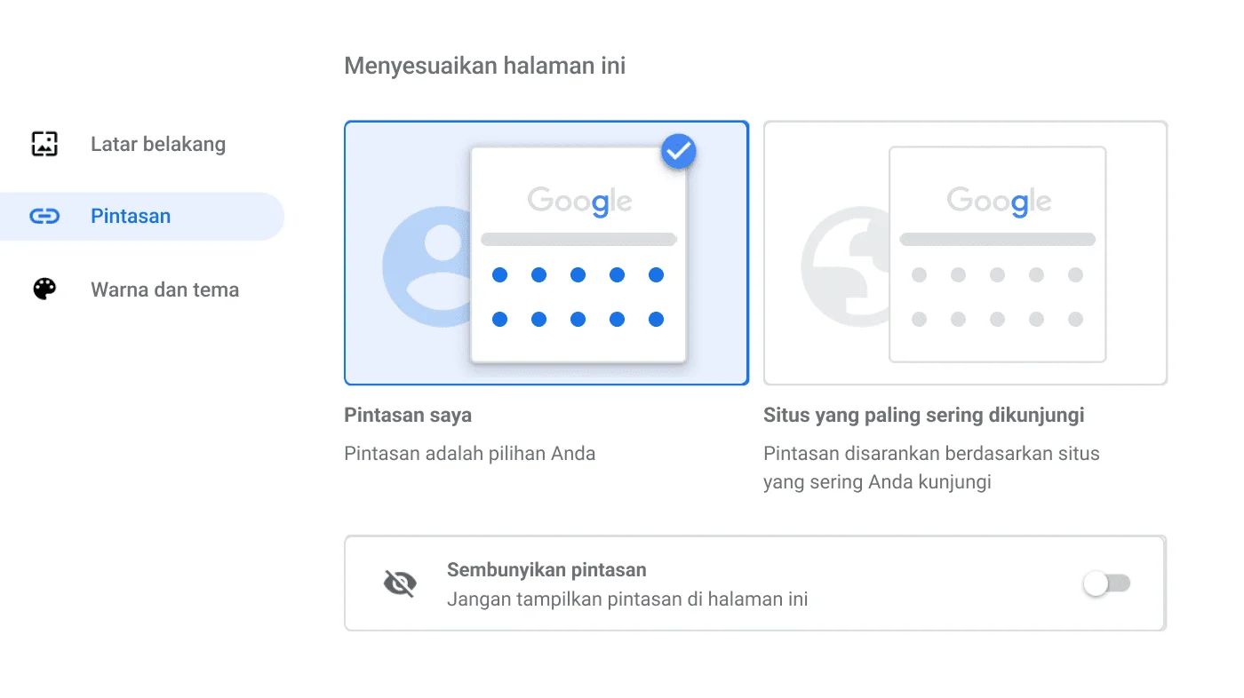Jendela setelan browser Chrome menampilkan dialog Pintasan.