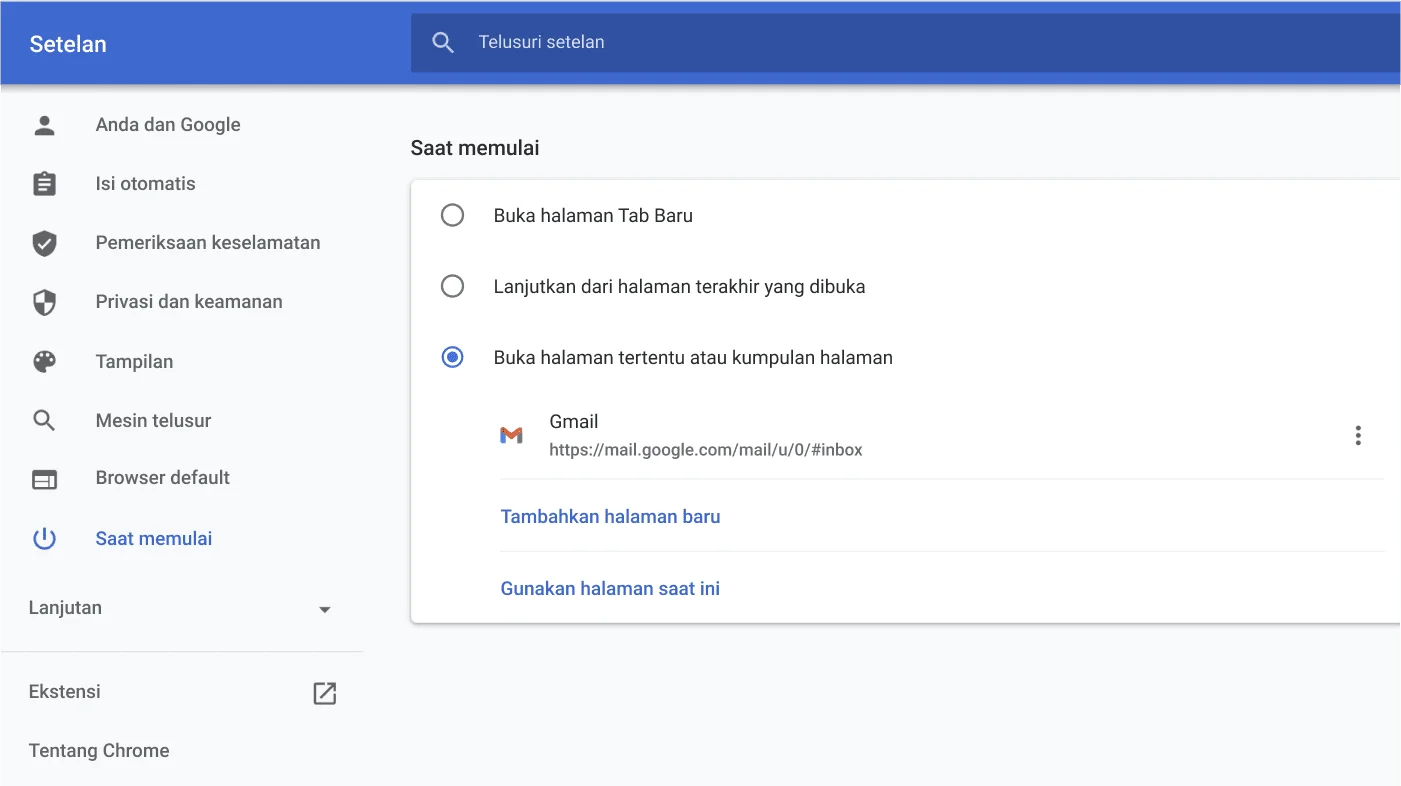 Jendela setelan browser Chrome menampilkan menu opsi Saat memulai.