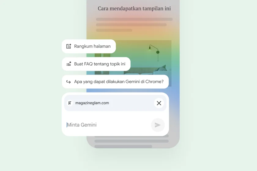Di sebuah halaman web seluler, ada kontrol yang memungkinkan pengguna meringkas halaman, menemukan situs terkait, atau bertanya kepada Gemini.