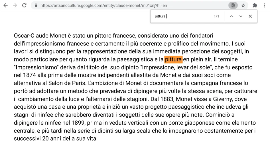 Finestra del browser Chrome con una pagina web aperta e la funzione Trova attiva.