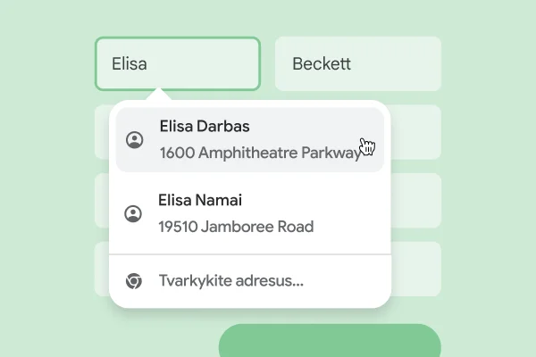 Naudotojas gali akimirksniu įvesti formoje savo vardą ir adresą naudodamas automatinio pildymo funkciją.