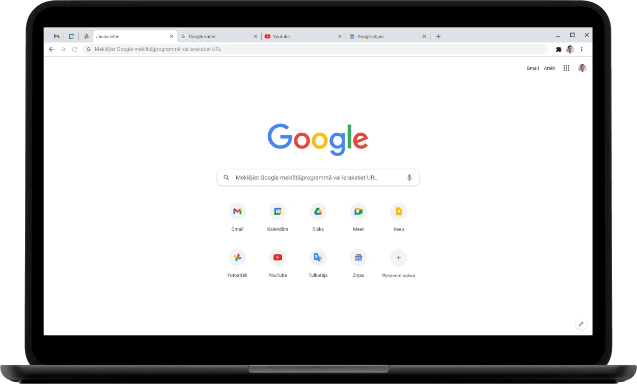 Klēpjdatora Pixelbook Go augšējais kreisais stūris; ekrānā ir redzama vietne Google.com.