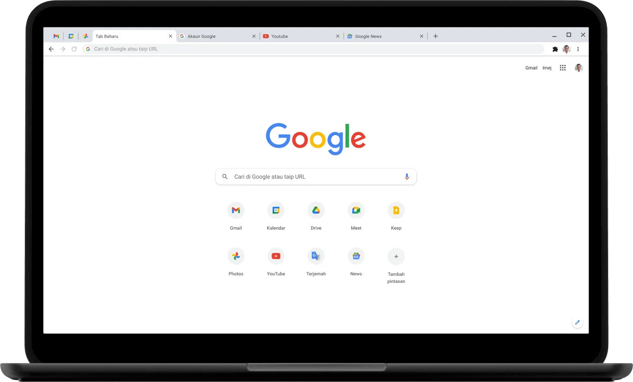 Penjuru atas sebelah kiri komputer riba Pixelbook dengan skrin yang memaparkan Google.com.