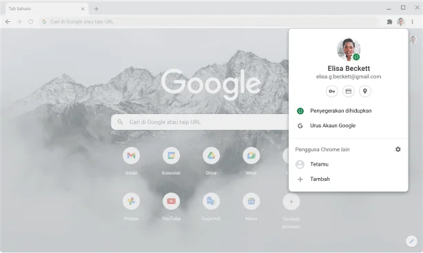 Tetingkap penyemak imbas Chrome yang memaparkan tetapan akaun dan penyegerakan untuk Akaun Google yang telah mendayakan penyegerakan.