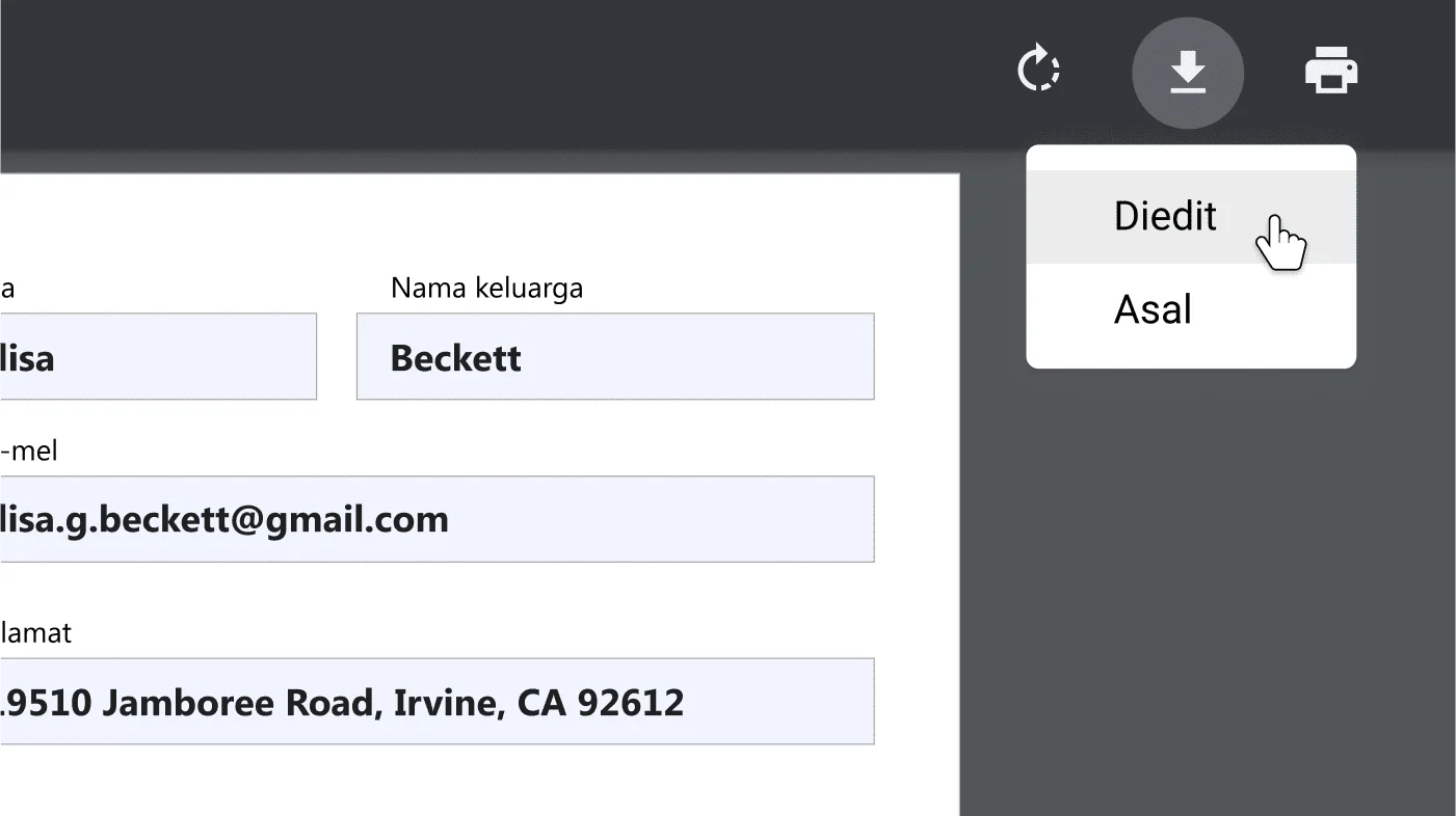 Tetingkap penyemak imbas Chrome dengan dokumen PDF yang terbuka, dizum masuk pada menu pilihan muat turun dan cetak.