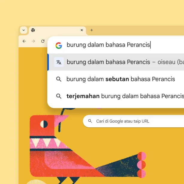 Halaman carian Google dengan gambar burung dan carian “Bird in French” dengan hasil carian “oiseau”