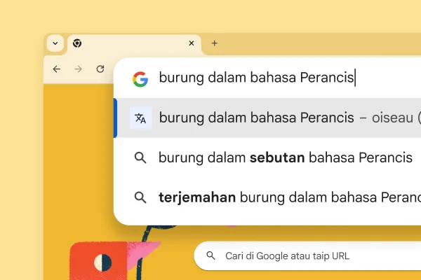 Halaman carian Google dengan gambar burung dan carian “Bird in French” dengan hasil carian “oiseau”