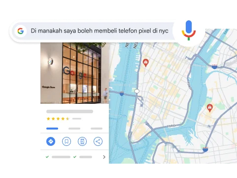 Carian suara untuk “Where can I buy a Pixel phone in NYC” yang memaparkan hasil carian Google Store di NYC.