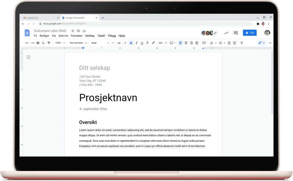 Google Docs-skjermbilde som viser en åpen prosjektmal.