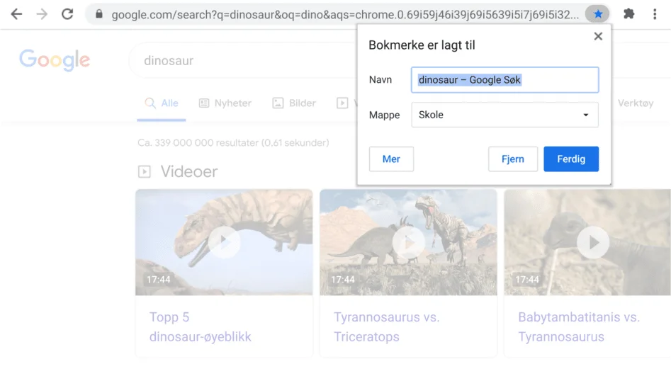 Chrome-nettleservindu med en åpen Bokmerke-dialogboks synlig.