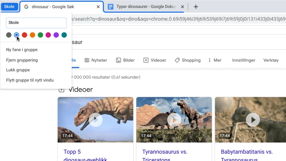 Chrome-nettleservindu med en dialogboks som viser navngiving av en fanegruppe