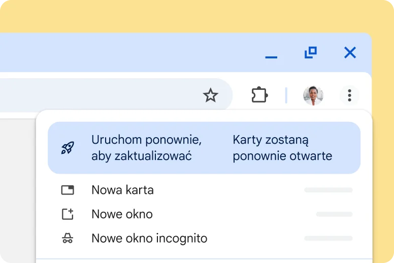 Interfejs użytkownika Chrome informujący o oczekującej aktualizacji