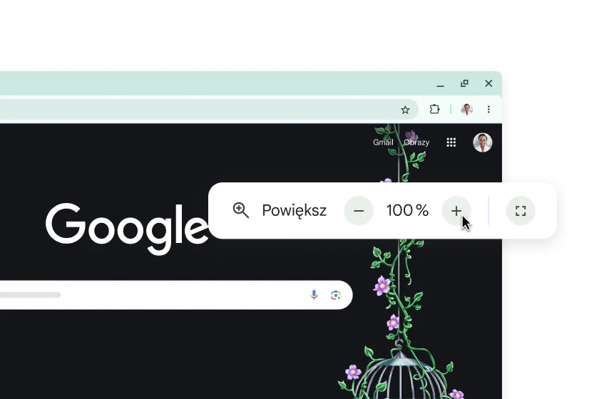 Strona główna Google i wyskakujące okienko z zoomem ustawionym na 100%.