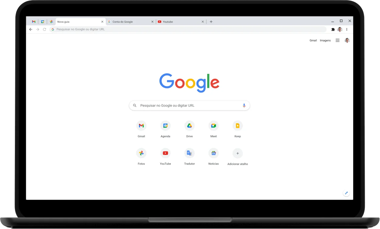 Canto superior esquerdo de um laptop Pixelbook com a tela exibindo o google.com.