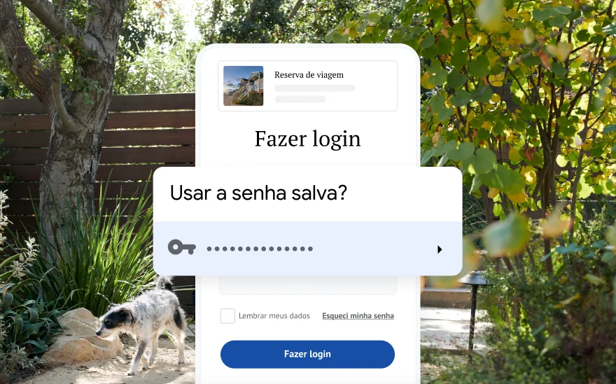 Uma página de login para uma reserva de viagem pede para usar uma senha salva. Ao fundo, há uma cena na natureza.