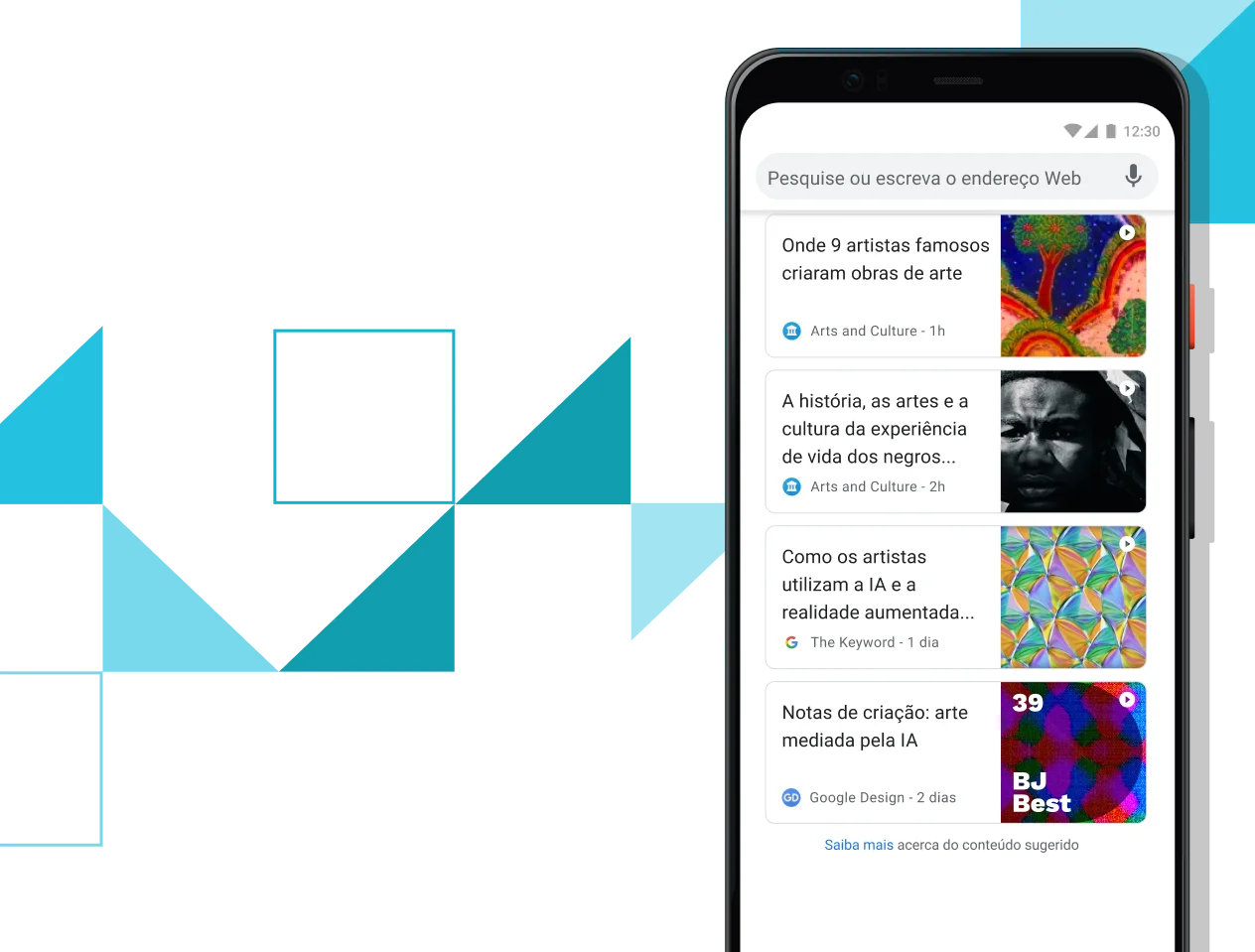 Telemóvel Pixel 4 XL com o ecrã a apresentar links de artigos organizados.