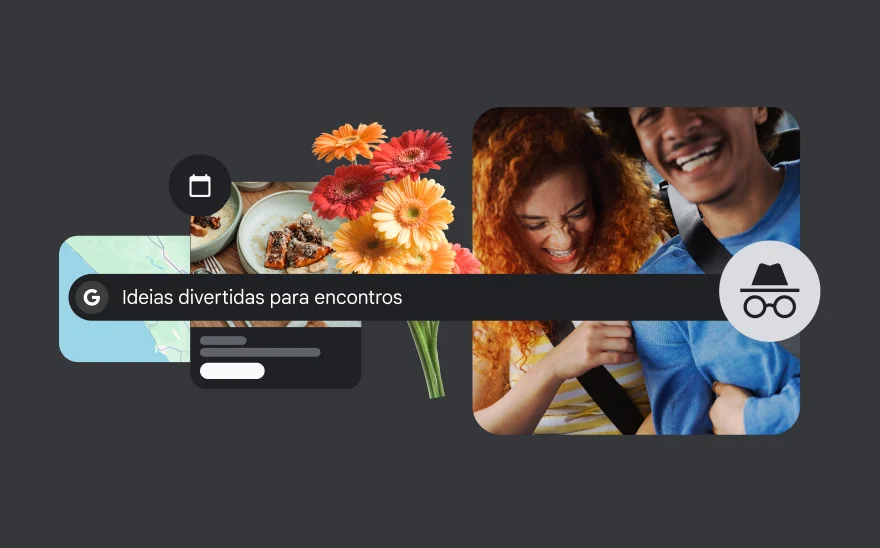 Uma barra de pesquisa diz 'Ideias divertidas para encontros' com flores, uma refeição, um mapa e um casal a rir atrás.