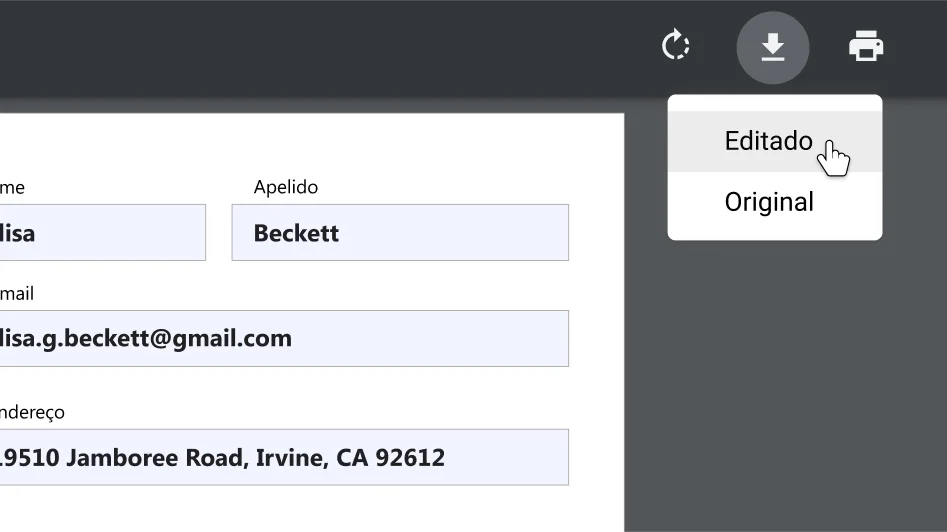 Janela do navegador Chrome com um documento PDF aberto, com o zoom aumentado no menu de opções para transferir e imprimir.