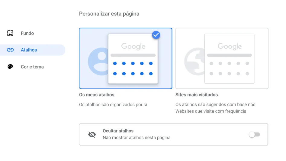 Janela das definições do navegador Chrome a mostrar a caixa de diálogo Atalhos.