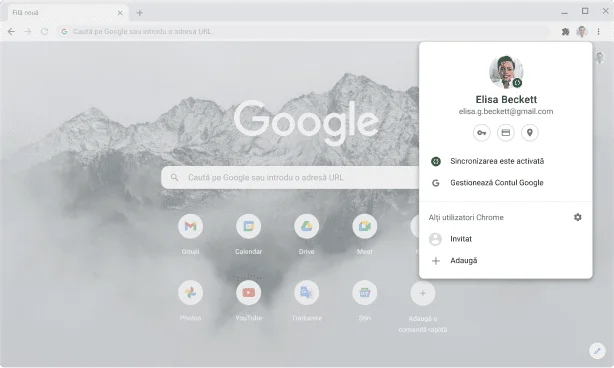 Fereastra browserului Chrome afișând setările de cont și de sincronizare pentru Conturile Google, acolo unde este activată sincronizarea.